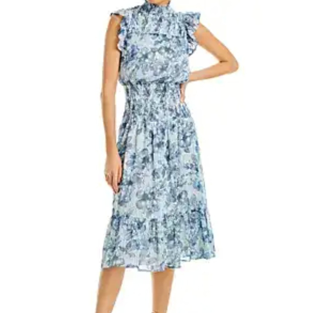 AQUA Metallic Dot Floral Print Romantic Smocked Boho Midi Dress Size Large
